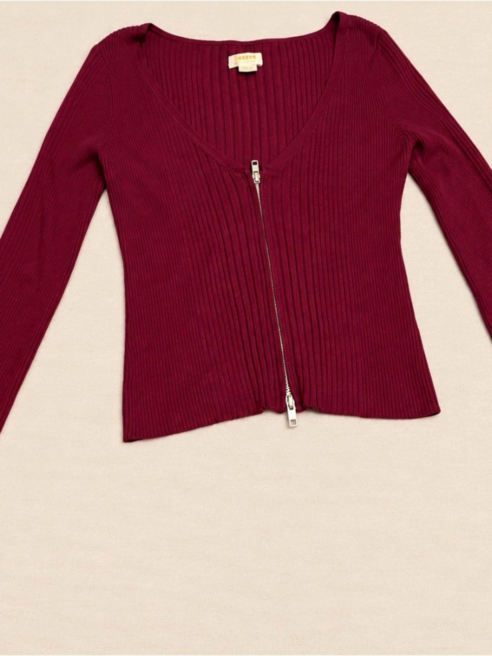Maeve Anthropologie Burgundy Ribbed Zip Up Cardigan Flare Sleeve Y2K Small